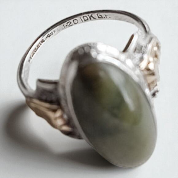 Vintage 925 Silver Nephrite Jade Ring Gold Fill Accent Size 7.5 Oval Stone - Picture 5 of 10